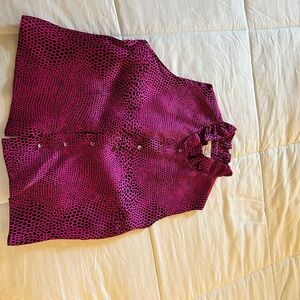 Fuschia / black mini dot print silk blouse with ruffle color.